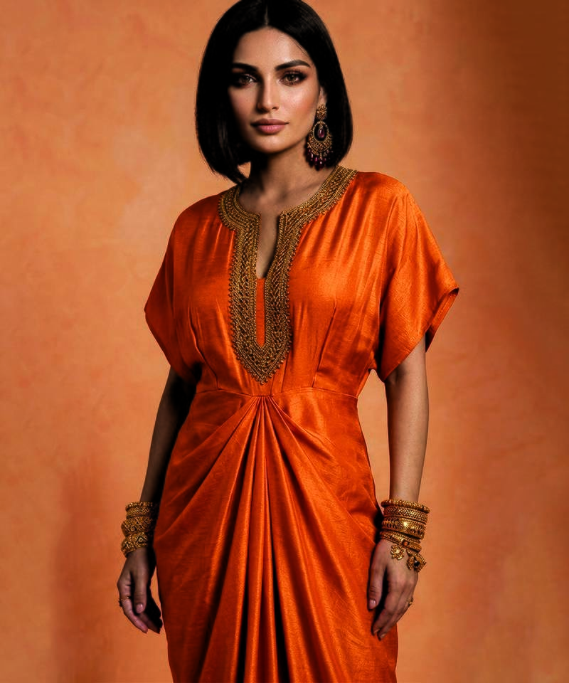 Orange embroidered raw silk kaftan