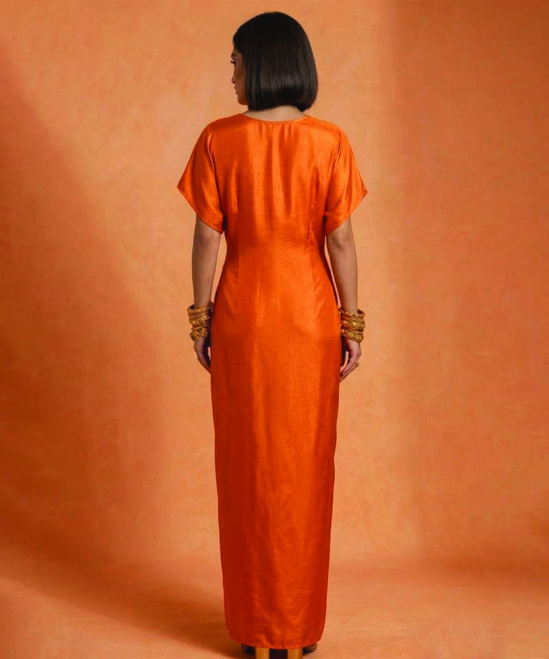 Orange embroidered raw silk kaftan