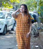 Sleeveless Mustard Hand Printed Cotton Long Kurti