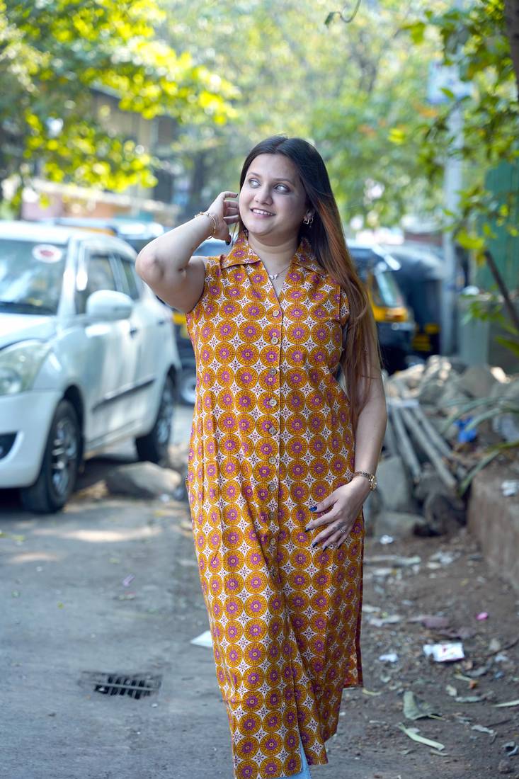 Sleeveless Mustard Hand Printed Cotton Long Kurti