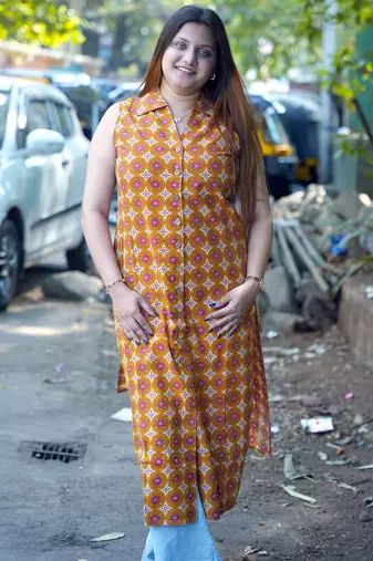 mustard hand printed cotton long kurti