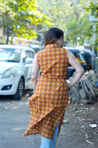 mustard hand printed cotton long kurti