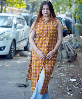 mustard hand printed cotton long kurti 5