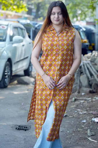 mustard hand printed cotton long kurti
