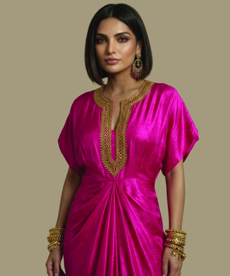 Pink embroidered satin silk kaftan