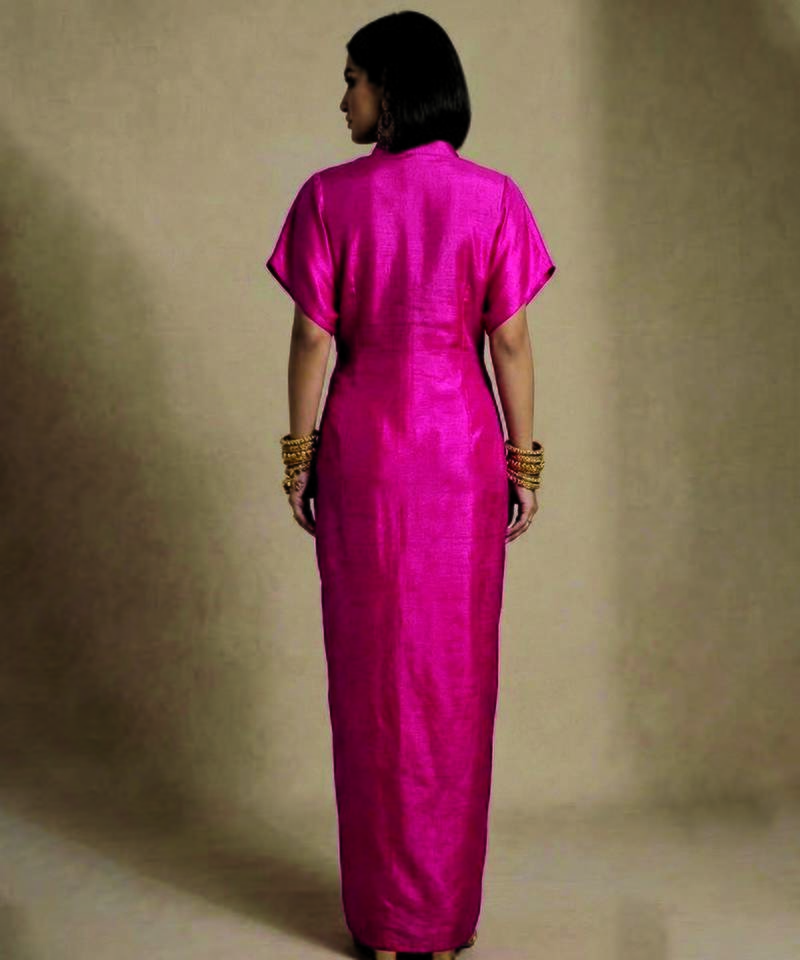 Pink embroidered satin silk kaftan