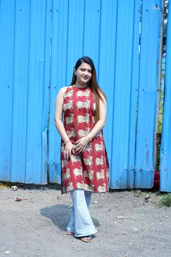 Rust Kalamkari Halterneck Kurti with Hand Embroidery Detailing