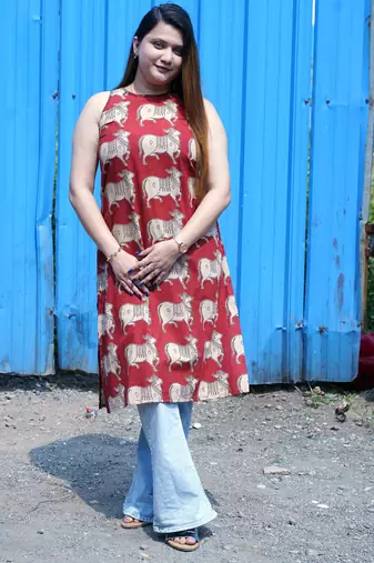 Rust Kalamkari Halterneck Kurti with Hand Embroidery Detailing
