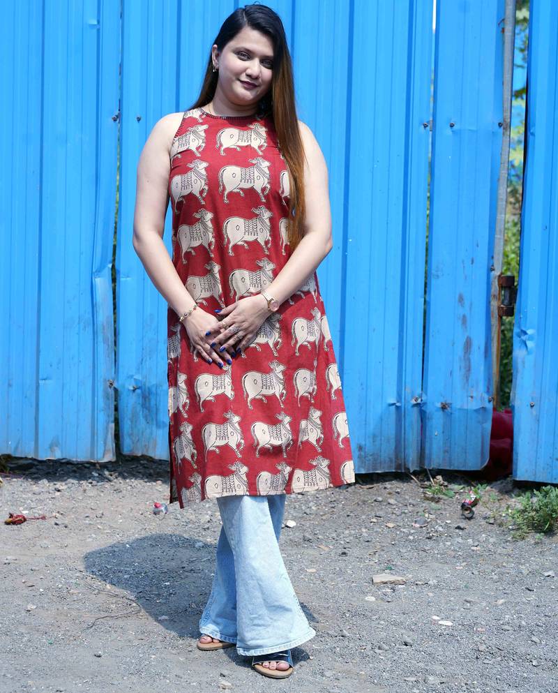Rust Kalamkari Halterneck Kurti with Hand Embroidery Detailing