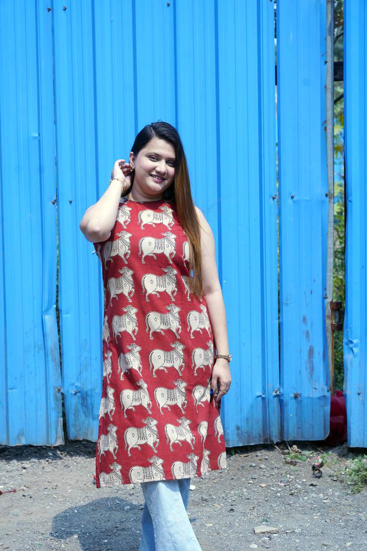 Rust Kalamkari Halterneck Kurti with Hand Embroidery Detailing