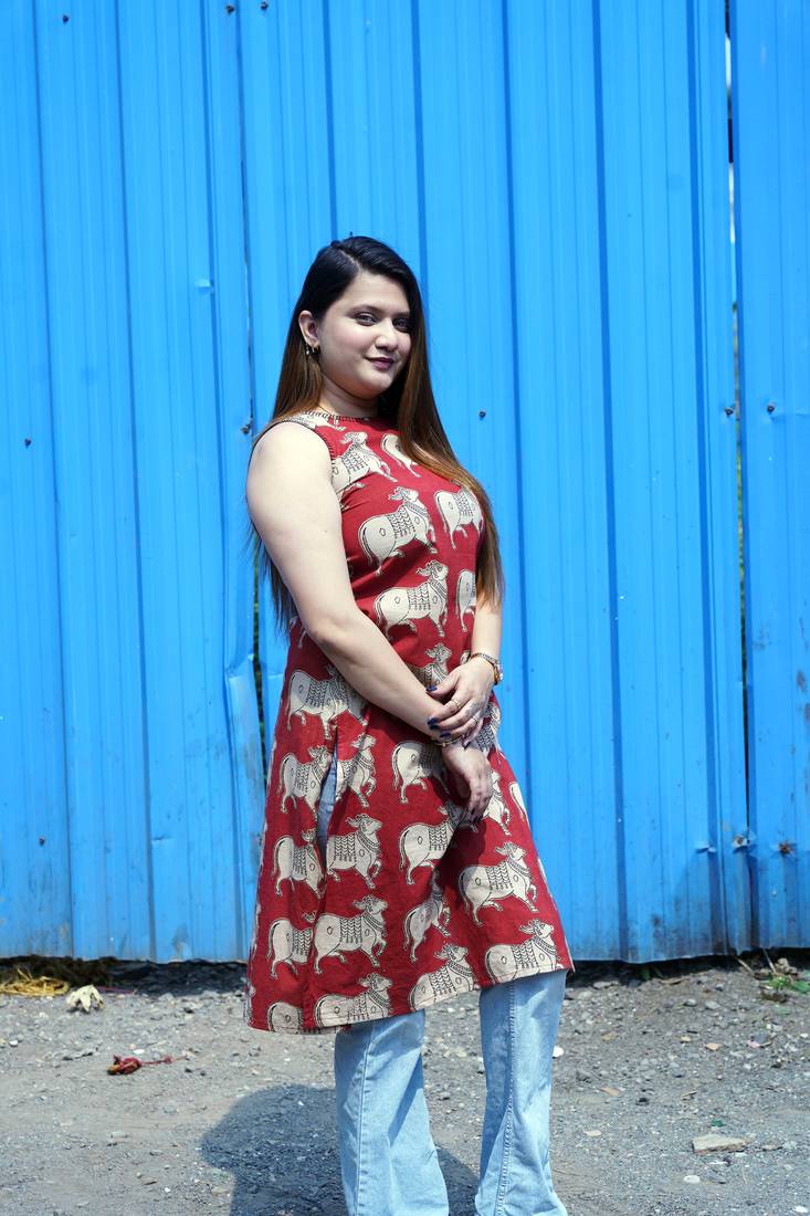 Rust Kalamkari Halterneck Kurti with Hand Embroidery Detailing