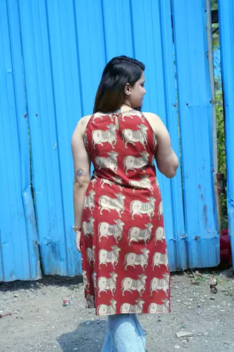 Rust Kalamkari Halterneck Kurti with Hand Embroidery Detailing