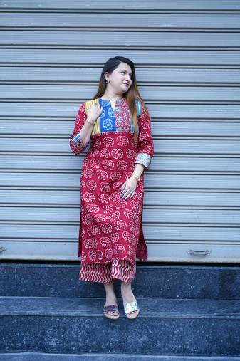 Red Elephant Print Kurta Set