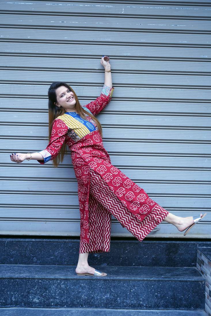 Red Elephant Print Kurta Set