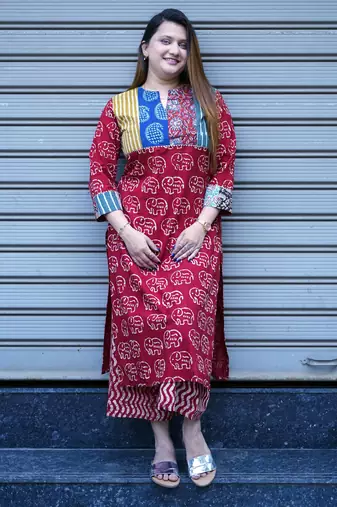 Red Elephant Print Kurta Set