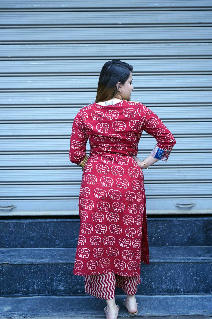 Red Elephant Print Kurta Set