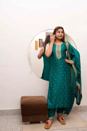Green silk blend suit set