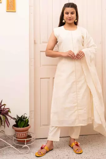 Chanderi self weaving white suit set
