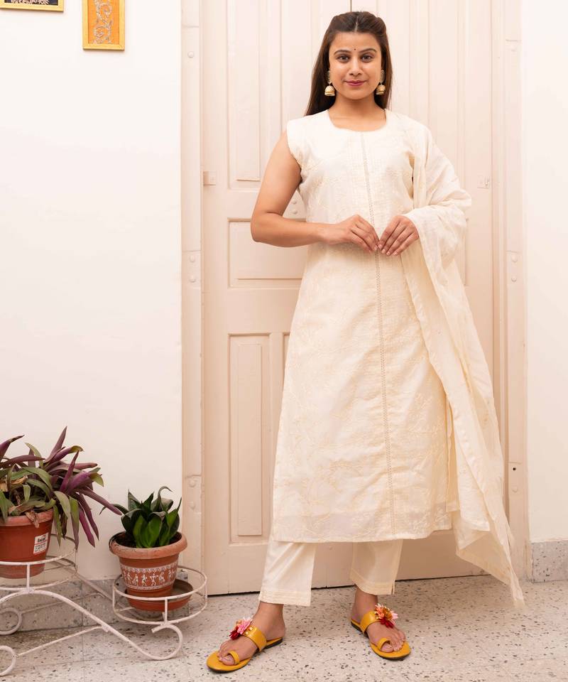 Chanderi self weaving white suit set