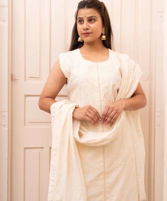 Chanderi self weaving white suit set 2