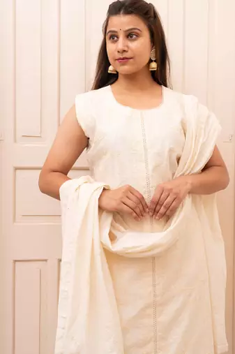 Chanderi self weaving white suit set