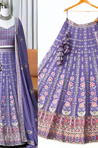 Eilara Women's Lavender floral zari thread embroidered lehenga set