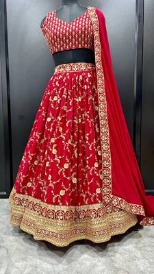 Eilara Women's Machine Red Georgette Embroidered Lehenga Choli 1