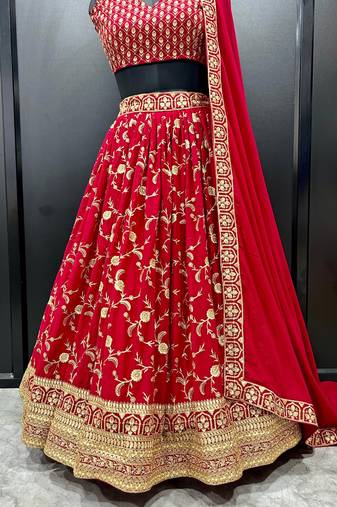 Eilara Women's Machine Red Georgette Embroidered Lehenga Choli