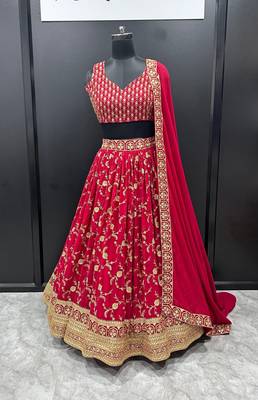 Eilara Women's Machine Red Georgette Embroidered Lehenga Choli 2