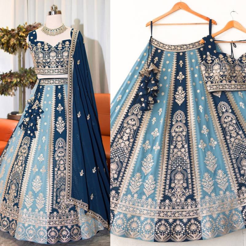 Eilara Women's Navy sky blue dual tone zari embroidered lehenga set