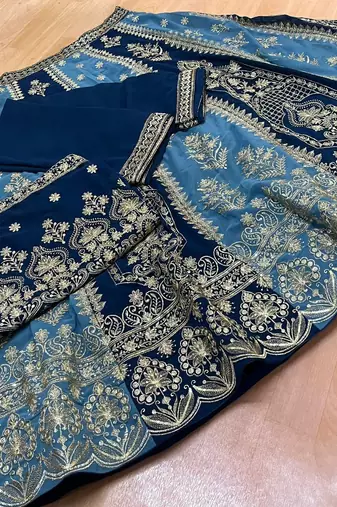 Eilara Women's Navy sky blue dual tone zari embroidered lehenga set
