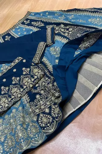 Eilara Women's Navy sky blue dual tone zari embroidered lehenga set