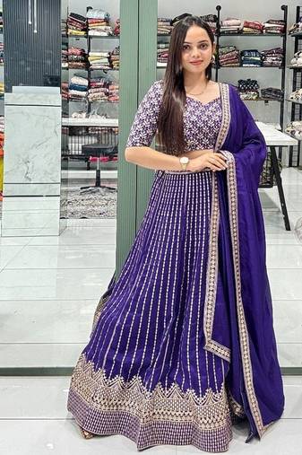 Blue Embroidered Georgette Lehenga Set