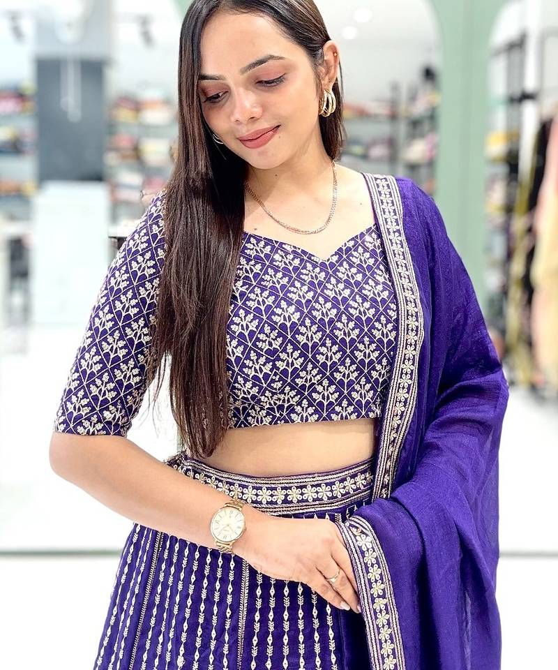 Blue Embroidered Georgette Lehenga Set