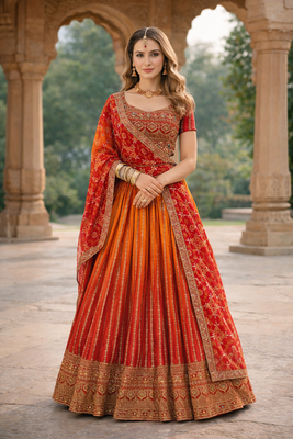 Eilara Women's Redish orange embroidered semi stitched lehenga and unstitched blouse with dupatta 1