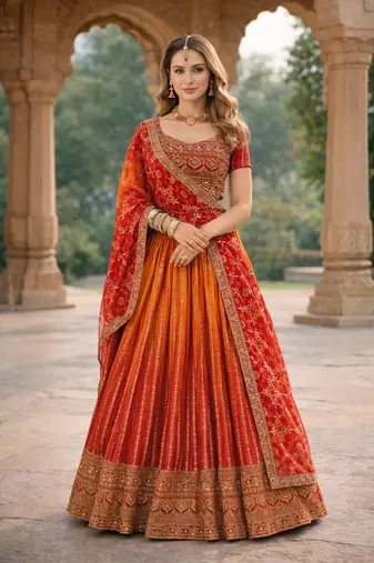 Eilara Women's Redish orange embroidered semi stitched lehenga and unstitched blouse with dupatta