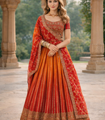 Eilara Women's Redish orange embroidered semi stitched lehenga and unstitched blouse with dupatta