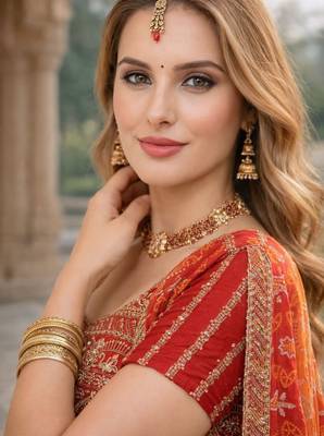 Eilara Women's Redish orange embroidered semi stitched lehenga and unstitched blouse with dupatta 2