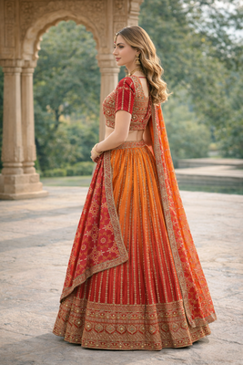 Eilara Women's Redish orange embroidered semi stitched lehenga and unstitched blouse with dupatta 3