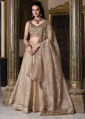 Eilara Women's Beige sequins and thread embroidered gold rush fabric indian designer latest design wedding lehenga dress 1