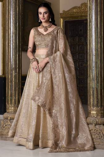 Eilara Women's Beige sequins and thread embroidered gold rush fabric indian designer latest design wedding lehenga dress