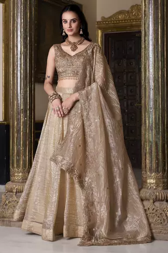Eilara Women's Beige sequins and thread embroidered gold rush fabric indian designer latest design wedding lehenga dress