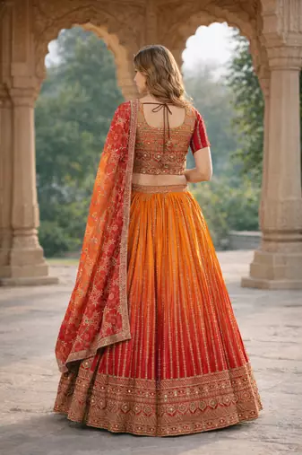 Eilara Women's Redish orange embroidered semi stitched lehenga and unstitched blouse with dupatta