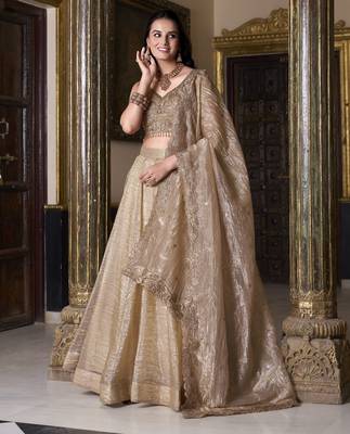 Eilara Women's Beige sequins and thread embroidered gold rush fabric indian designer latest design wedding lehenga dress 2