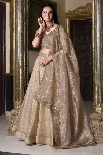 Eilara Women's Beige sequins and thread embroidered gold rush fabric indian designer latest design wedding lehenga dress