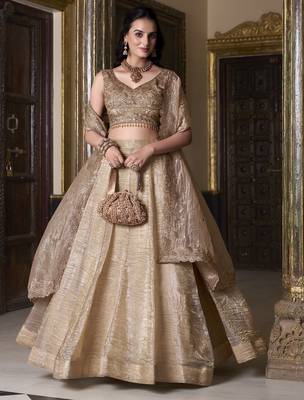 Eilara Women's Beige sequins and thread embroidered gold rush fabric indian designer latest design wedding lehenga dress 5