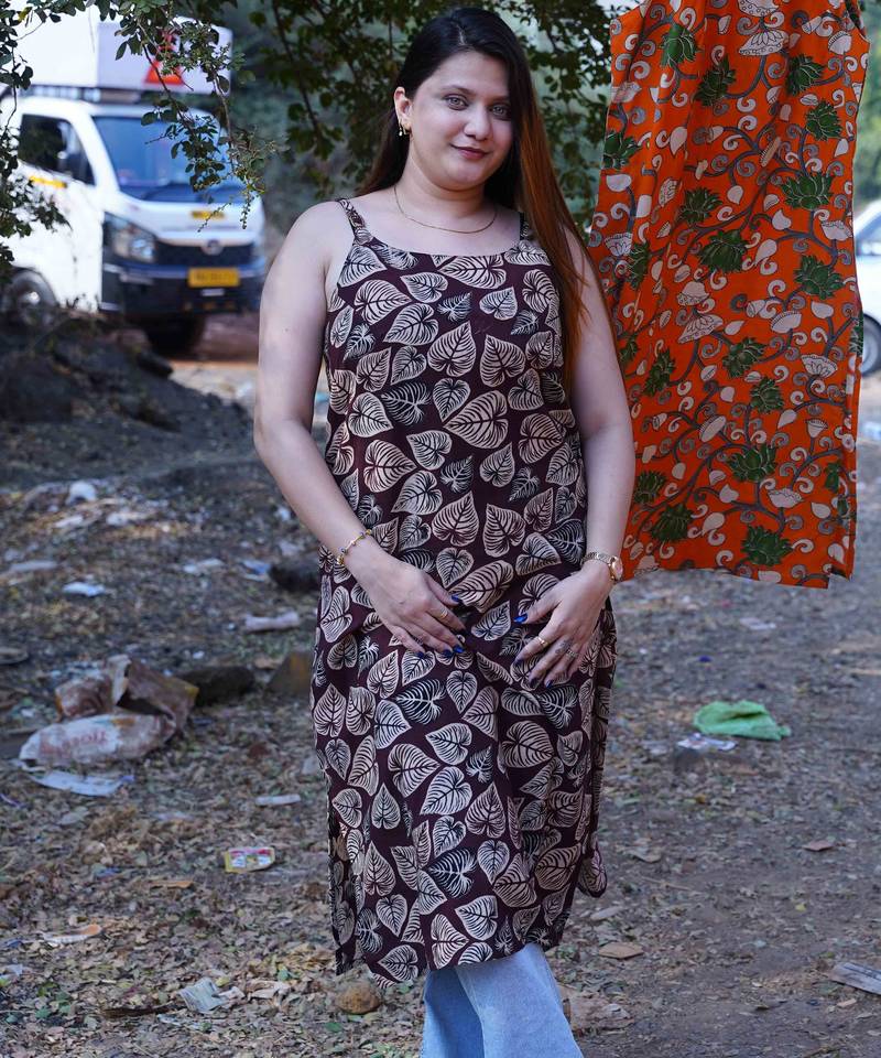 Brown Leaf Kalamkari Handblock Print Spegetti Kurta