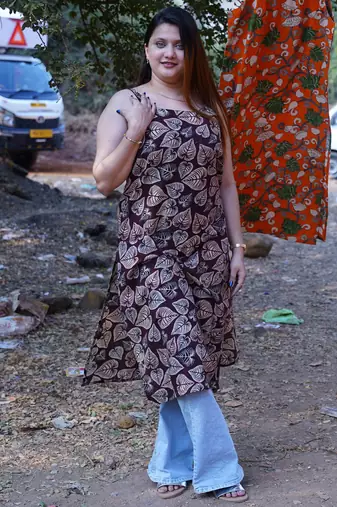 Brown Leaf Kalamkari Handblock Print Spegetti Kurta
