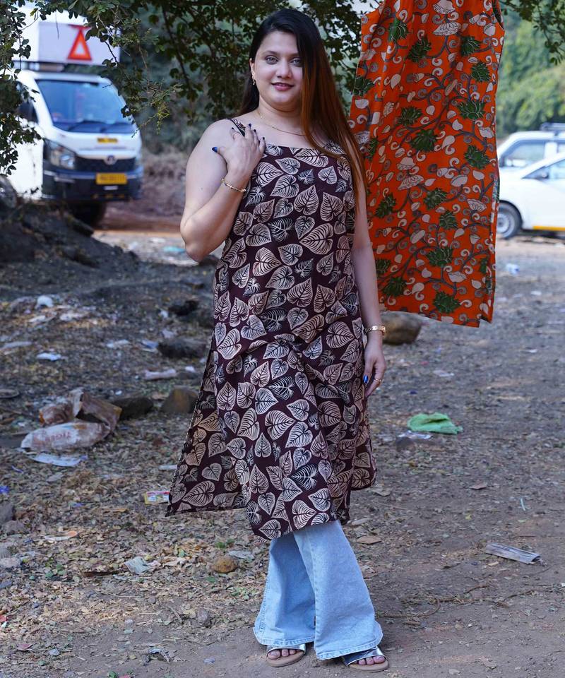 Brown Leaf Kalamkari Handblock Print Spegetti Kurta