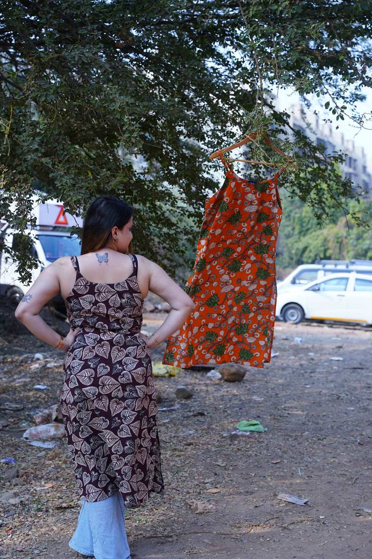 Brown Leaf Kalamkari Handblock Print Spegetti Kurta